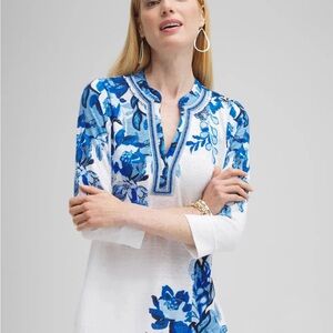 Chico's XXL 100% linen beaded embellished Blue and White Floral Tunic